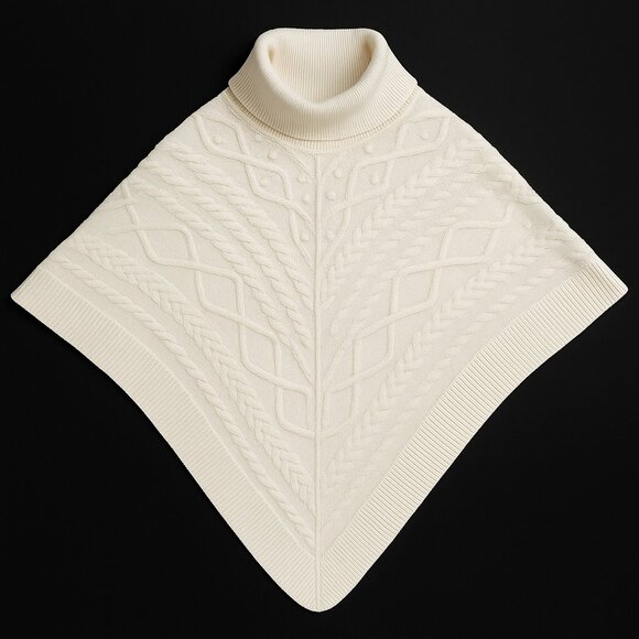 Talbots White Cable Knit Poncho Sweater Cowl Neck Cotton Blend XS NWT - Picture 6 of 7